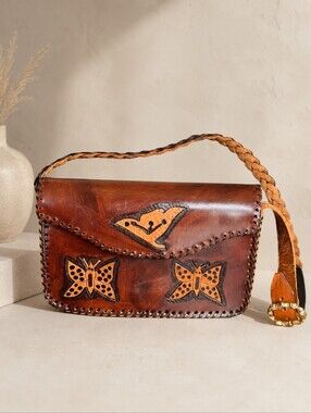 El Salvador Handcrafted Leather Butterfly Embossed Whip Stitch Shoulder Bag